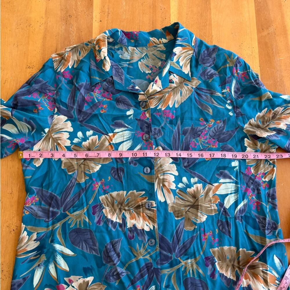 Vintage Colorful Women's Hawaiian Shirt Short Sleeve Teal Blue Aqua Floral XL - Picture 7 of 9
